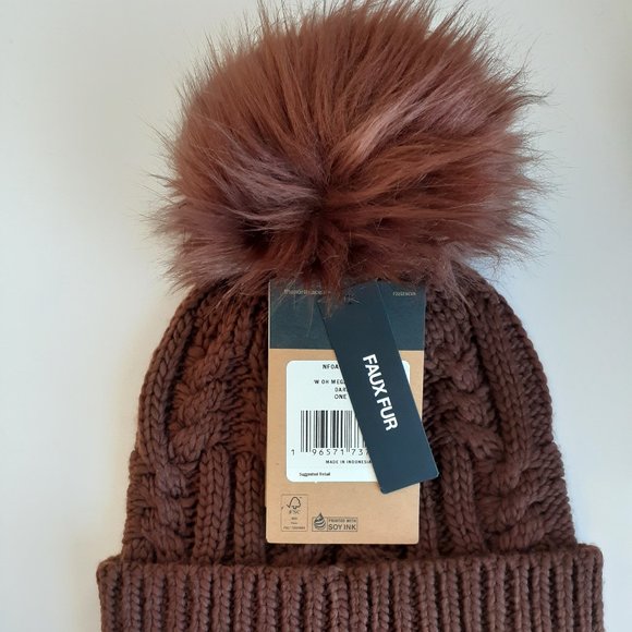 The North Face Women's Oh Mega Pom Beanie Dark Oak Warm Hat NWT Authentic - Picture 2 of 3